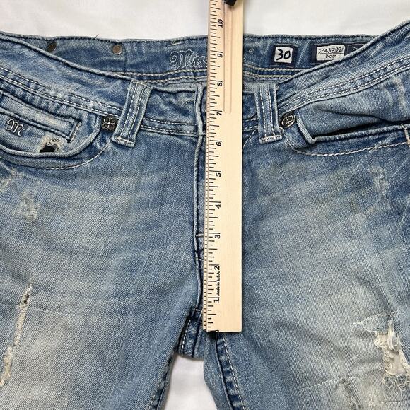 Miss Me Shorts Size 30 Blue Boot Cutoff Distressed Embellished Fleur-De-Lis Logo - Picture 6 of 11
